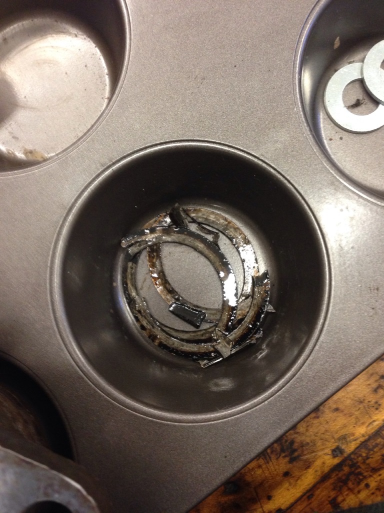 Now this is a weird one. The shims were destroyed! The preload on the bearing was OK, but when we pulled the flange the shims just fell apart. Guess we are not doing this too soon.
